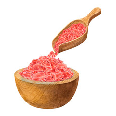 Wooden bowl, scoop for Spa therapy with pink Himalayan salt. Hand drawn watercolor illustration of traditional objects for alchemy or aroma therapy on isolated background. For the design of cosmetics.