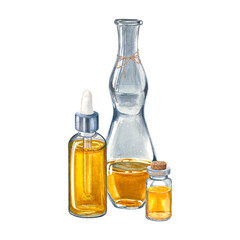 Glass bottles with oil for skin. Hand drawn watercolor illustration of package with natural body care product isolated on background. Packaging element for design, advertising of cosmetic, label.