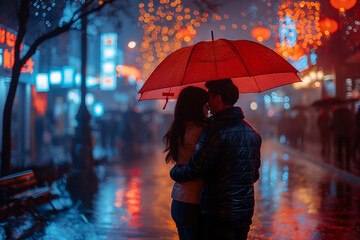 A romantic embrace in a rain-soaked street, with city lights reflecting on the wet pavement and an umbrella shielding them from the rain.