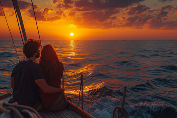 A couple embracing on a sailboat at sea, with the sun setting on the horizon and gentle waves rocking the boat, creating a serene and romantic scene.