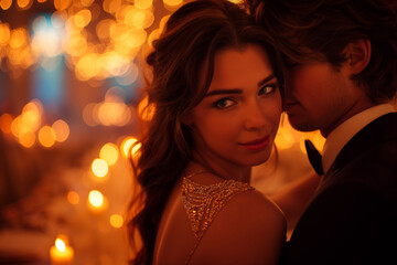 A couple embracing in a candlelit room, with soft music playing and a romantic dinner table set for two, creating an atmosphere of love and intimacy.