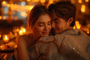 A couple embracing in a candlelit room, with soft music playing and a romantic dinner table set for two, creating an atmosphere of love and intimacy.