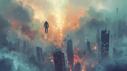 man floating in the sky and destroys the city with evil power, digital art style, illustration...
