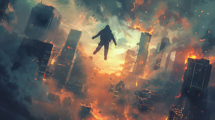 man floating in the sky and destroys the city with evil power, digital art style, illustration painting