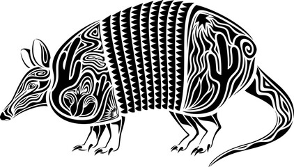 Vector illustration of a black and white, stylized armadillo design with a southwestern theme.