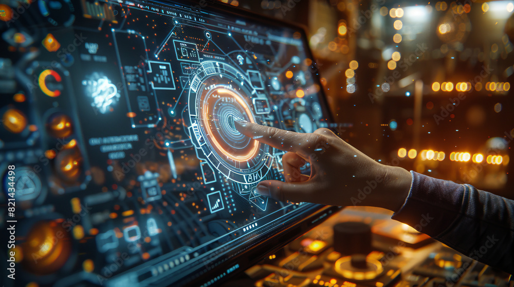 Poster a hand interacts with a high-tech touchscreen interface, displaying futuristic digital graphics and 
