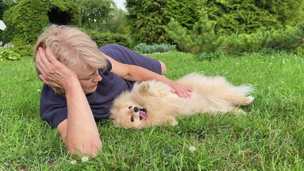 Beautiful elderly senior woman playing with her dog, Pomeranian Spitz puppy lying on grass at summer day 