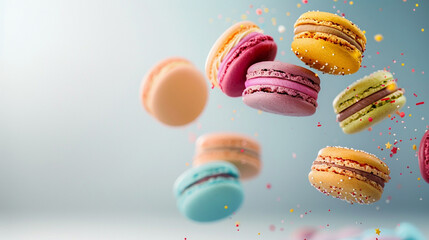 Tasty colorful macarons f;ying floating on light background, horizontal banner