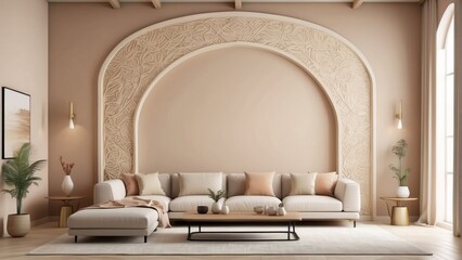 living room interior in warm tones, beige color arch pattern wall background