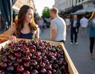 Lächelnde Frau steht am Marktstand in einer Stadt mit frisch gepflückten Kirschen und anderem Obst. Im Hintergrund sind weitere Marktstände und Menschen zu sehen. Es wirkt lebendig und freundlich.
