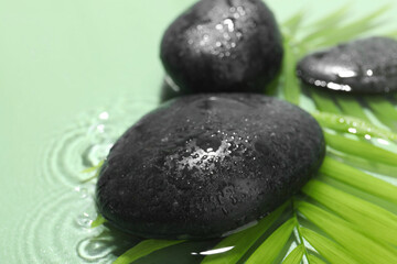 Spa stones and palm leaves in water on light green background, closeup