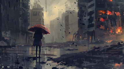 lonely woman with umbrella in abandoned city,digital painting - Powered by Adobe