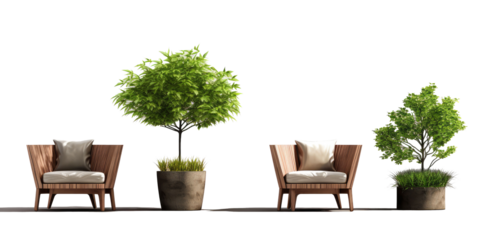 Set of different styles of outdoor seats and tree pot in modern design isolated on a white transparent background
