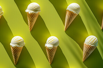 A pattern of vanilla ice cream cones arranged neatly on a vibrant green background, casting soft shadows