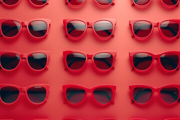 A repeated pattern of red sunglasses arranged neatly on a matching red background, creating a stylish and modern scene