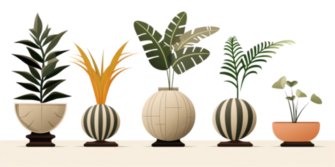 Set of different styles of retro vantage and modern vase and interior plants pots furniture isolated on a white transparent background