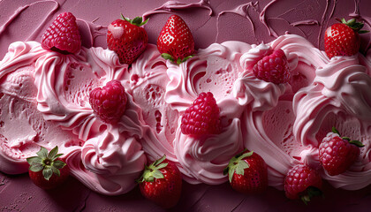 Pink frosting swirls with raspberries and strawberries. Generated by AI