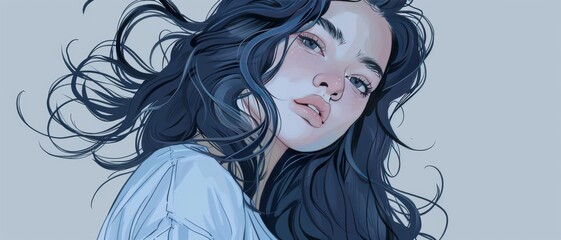 Beautiful girl. Wearing a T-shirt. Wavy long hair.