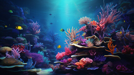 A coral reef teeming with vibrant marine life, including colorful fish and delicate sea anemones.