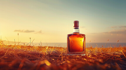 ground level view of bottle of whiskey in a dry field, autumn colors, artistic product photography