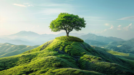 A solitary tree standing on a lush green hill with rolling mountains in the background, symbolizing peace and tranquility.