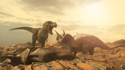the battle of the dinosaurs Tyrannosaurus vs Triceratops render 3D