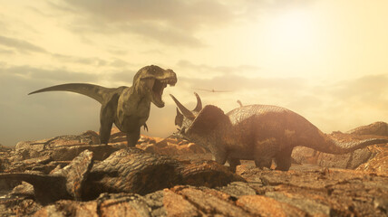 the battle of the dinosaurs Tyrannosaurus vs Triceratops render 3D © de Art