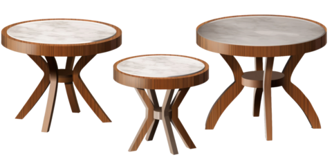 Set of different styles of retro vantage wood and modern steel marble coffee tables furniture isolated on a white transparent background