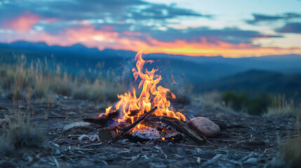 Campfire Glow Amidst Mountain Peaks