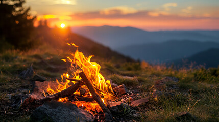 Campfire Glow Amidst Mountain Peaks