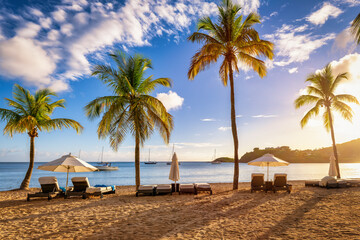 The beautiful beach of Carlisle Bay at the Caribbean islands of Antigua and Barbuda with coconut palm trees during sunset time