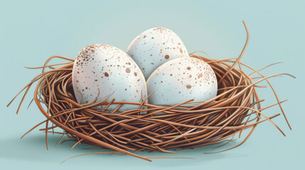 Three speckled eggs in a bird's nest set against a blue background, representing new beginnings and nature's beauty. - Powered by Adobe