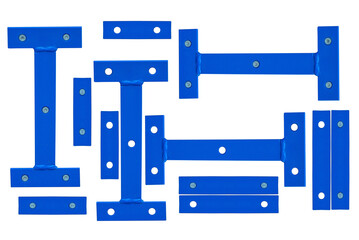 Metal connectors painted with blue oil paint for wood or metal sheets - on isolated transparent background.