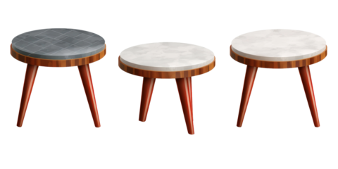 Set of different styles of retro vantage wood and modern steel marble coffee tables furniture isolated on a white transparent background