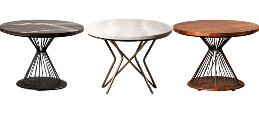 Set of different styles of retro vantage wood and modern steel marble coffee tables furniture isolated on a white transparent background