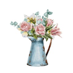 
Watercolor floral illustration . Pink flowers roses, lilies and eucalyptus leaves bouquet. Set wedding stationary, greetings, fashion, background. For fabric textile design or Product packaging