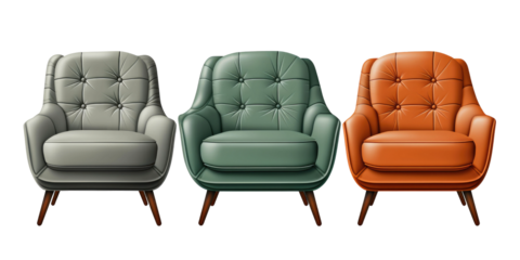 Set of gray orange and green retro vantage armchairs single seat sofas isolated on a white transparent background 