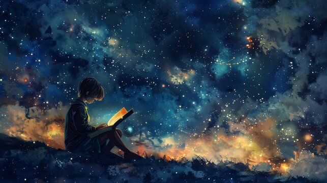Boy reading under a starry night sky, perfect for fantasy and education themed designs