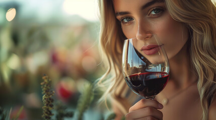 close-up of caucasian female sommelier holding glass cup of red wine, tasting, vineyards