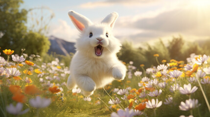 A fluffy white bunny hopping joyfully in a meadow filled with wildflowers.