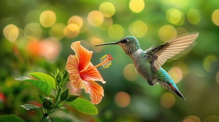 Fototapeta premium Harmony of Flight, Hummingbird's Blur by Red Hibiscus, Lush Green Garden Bokeh - Nature's Vivid Symphony in Motion.