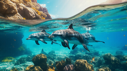 A group of playful dolphins frolicking in crystal-clear turquoise waters, creating splashes of joy.