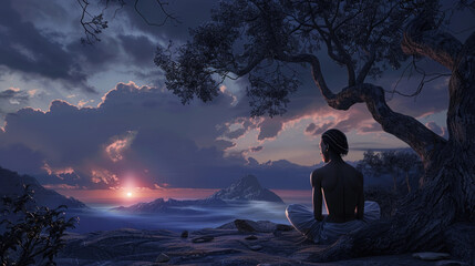Fototapeta premium A man is seated on a large rock next to a tall tree, in a natural outdoor setting