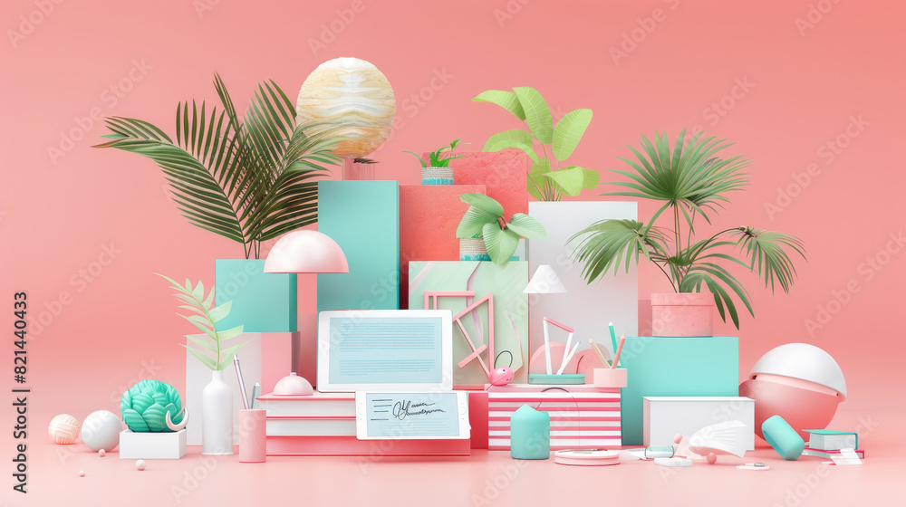 Poster various items of different types are arranged on a bright pink background