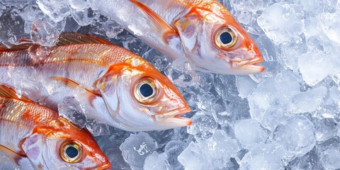 Fresh Red Snapper Fish on Ice. Seafood Market Display for Culinary and Food Photography. Image for culinary and gourmet presentations, menus, and seafood-related content.
