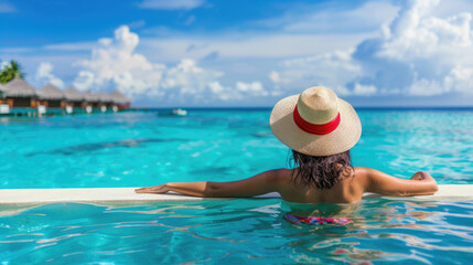 A woman wearing a straw hat sitting on a surfboard in the ocean
