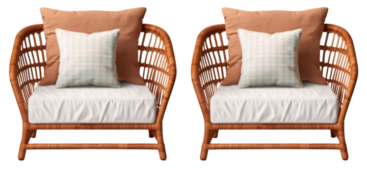 Set of outdoor garden rattan straw couches armchairs cutouts double seat sofas isolated on a white transparent background 