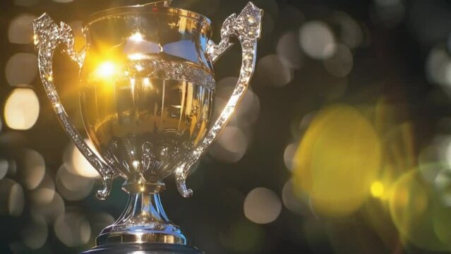 champion trophy lighted by spotlight. champion prize. tournament prize. gleaming background