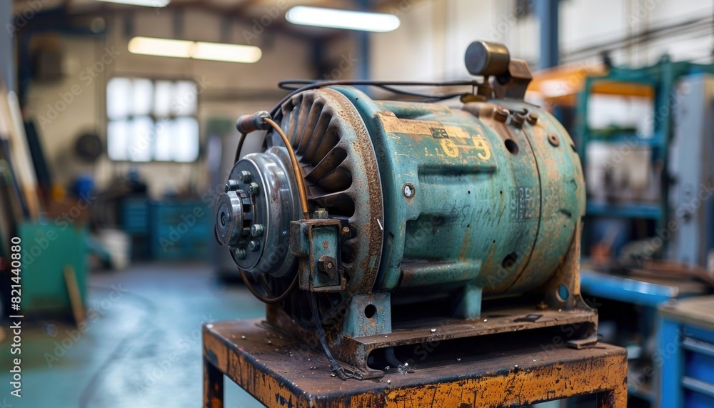 Poster an outdated electric motor rests on a corroded table in a factory