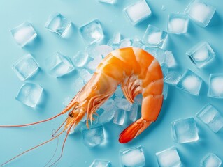 Chilled Shrimp with Ice Cubes on Blue Background for Seafood and Culinary Design